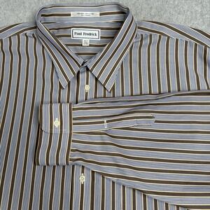 Paul Frederick Non-Iron Cotton Shirt Mens 3XL Long Sleeve Blue/Brown Striped EUC